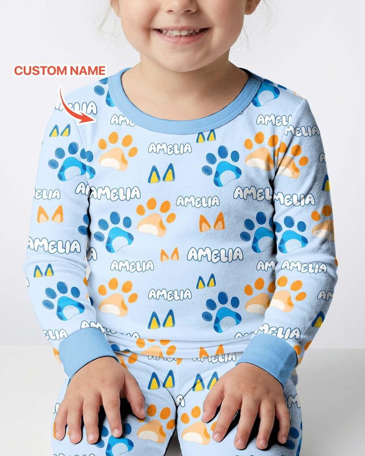 Custom Name Favourite Blue Dog Family Matching Bamboo Two Piece Long Sleeve Pajama Set