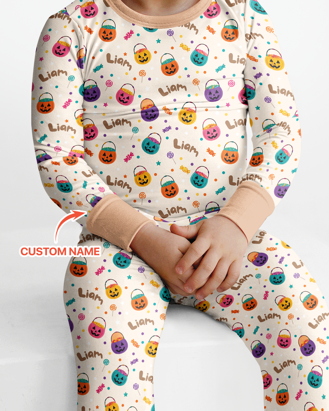 Custom Colorful Trick Or Treat Halloween Candy Bag Bamboo Two Piece Long Sleeve Pajama Set