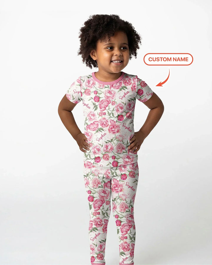 Custom Name Birth Month Flowers Bamboo Two Piece Short Sleeve Pajama Set