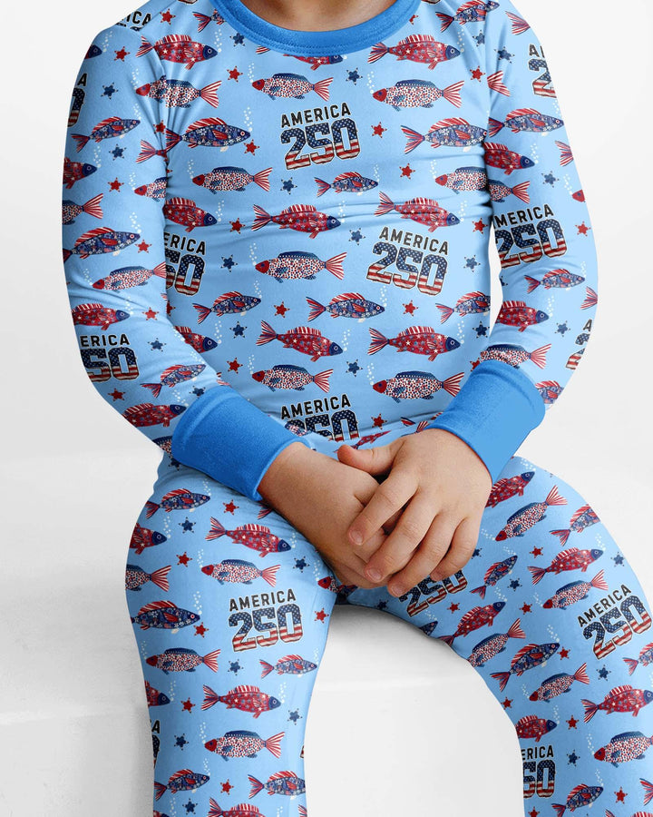 Stars and Stripes Fish Bamboo Two Piece Long Sleeve Pajama Set