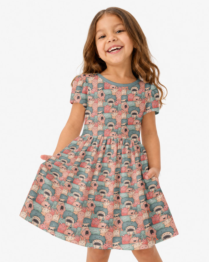 Cute Monster Crowd Bamboo Twirl Dress