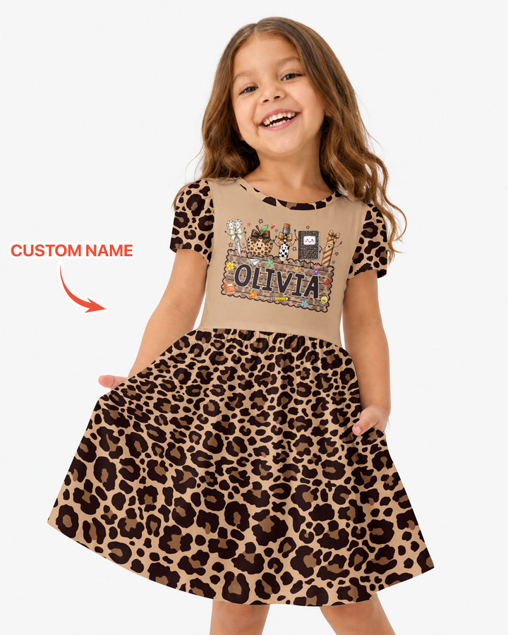 Custom Name School Sweetheart Leopard Bamboo Twirl Dress
