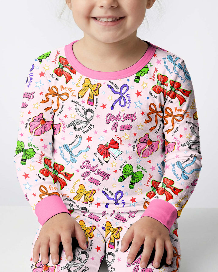 Pencil Bows God Says I Am Bamboo Two Piece Long Sleeve Pajama Set