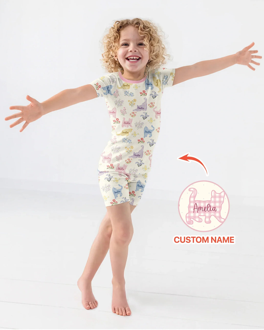 Gingham Cats Custom Name Bamboo Two Piece Short Sleeve Shorts Pajama Set