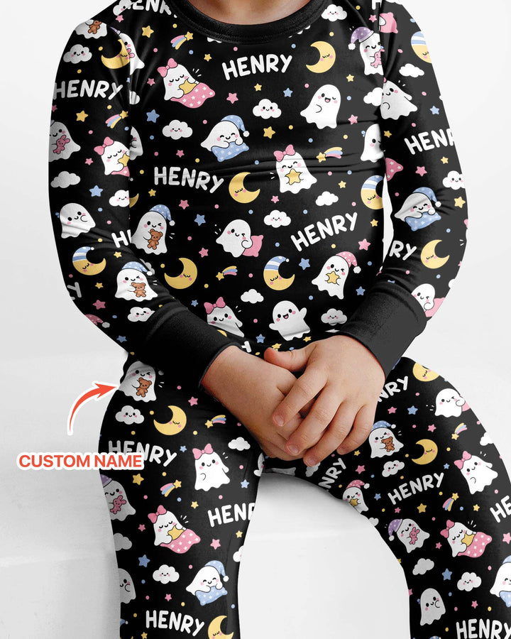 Sweet Dreams Cute Ghost Custom Name Bamboo Two Piece Long Sleeve Pajama Set