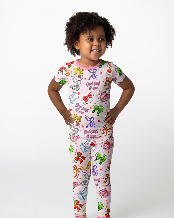 Pencil Bows God Says I Am Bamboo Two Piece Short Sleeve Pajama Set