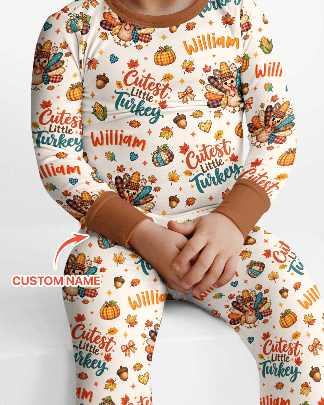 Custom Name Cutest Little Turkey Bamboo Two Piece Long Sleeve Pajama Set