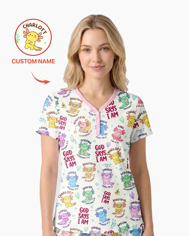 Axolotl God Says I Am Custom Name Bamboo Women Short Sleeve Short Pajama Set