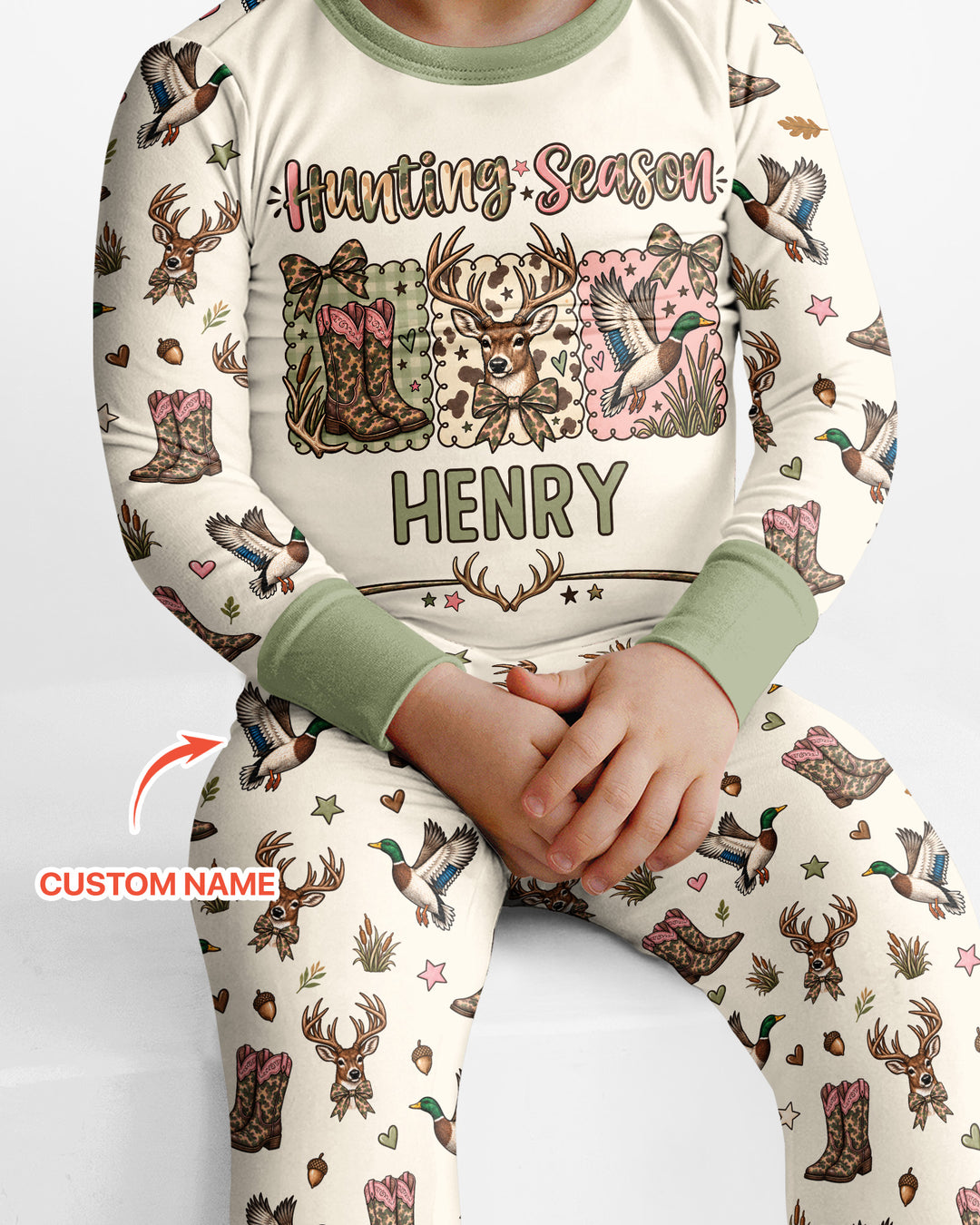 Custom Name Preppy Camo Bow  Bamboo Two Piece Long Sleeve Pajama Set