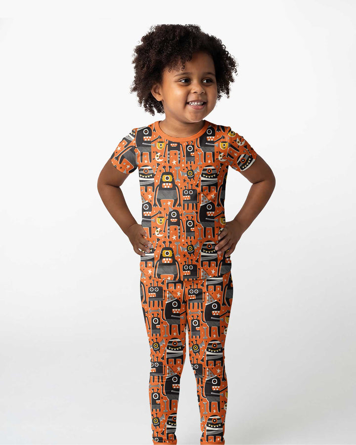 Mid Century Halloween Monster Toss Bamboo Two Piece Short Sleeve Pajama Set