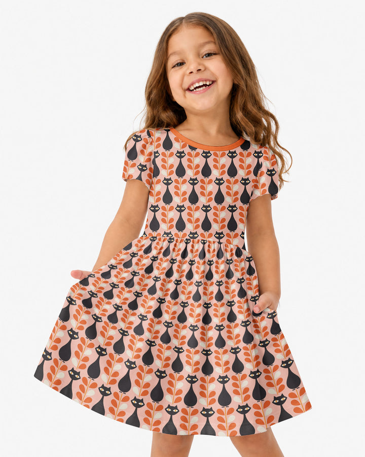 Retro Black Cat Garden Bamboo Twirl Dress