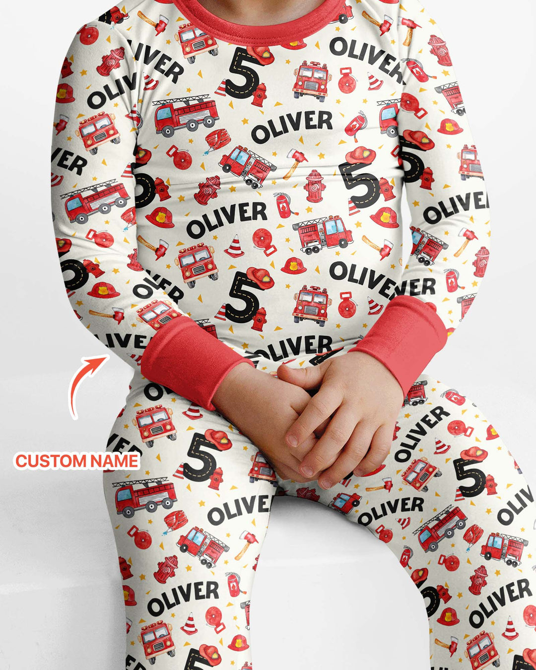 Custom Name Fire Truck Birthday Boy Bamboo Two Piece Long Sleeve Pajama Set