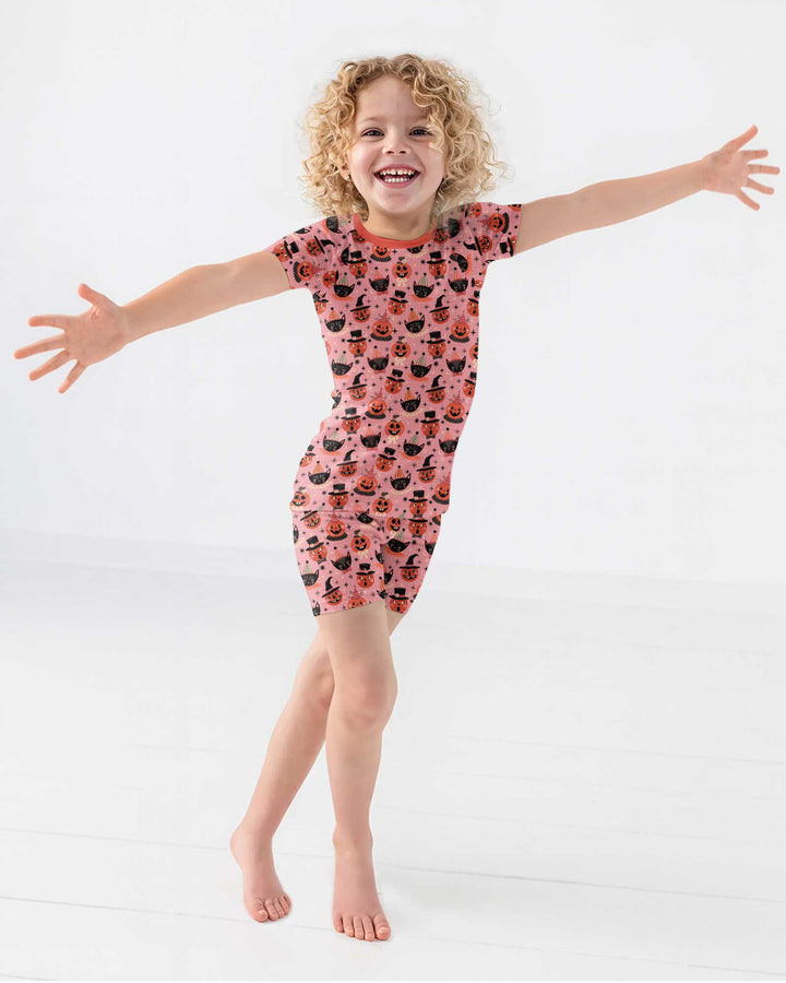 Retro Halloween Cats and Funny Pumpkins Bamboo Two Piece Short Sleeve Shorts Pajama Set
