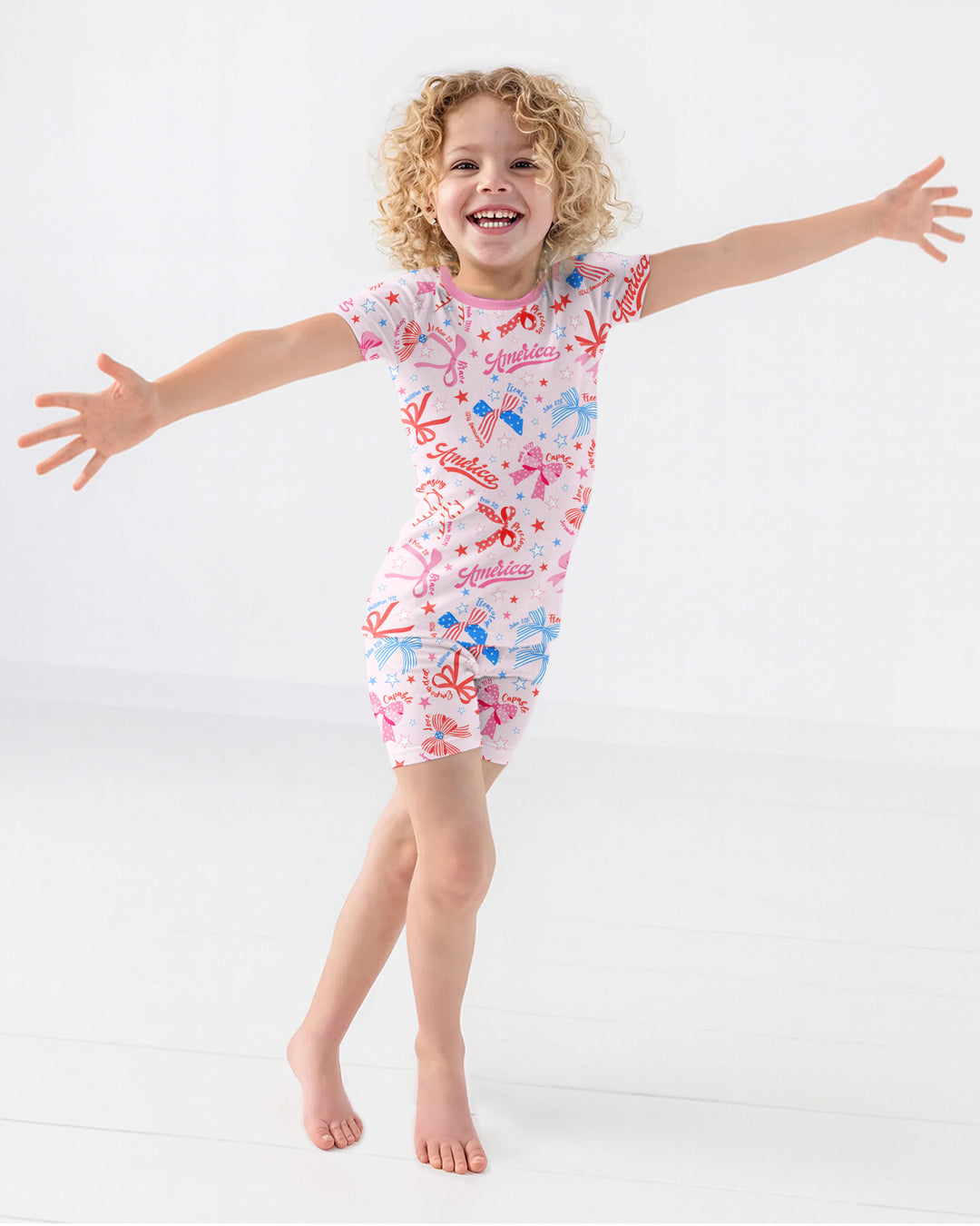 Pink Girly Patriotic  Bamboo Two Piece Short Sleeve Shorts Pajama Set