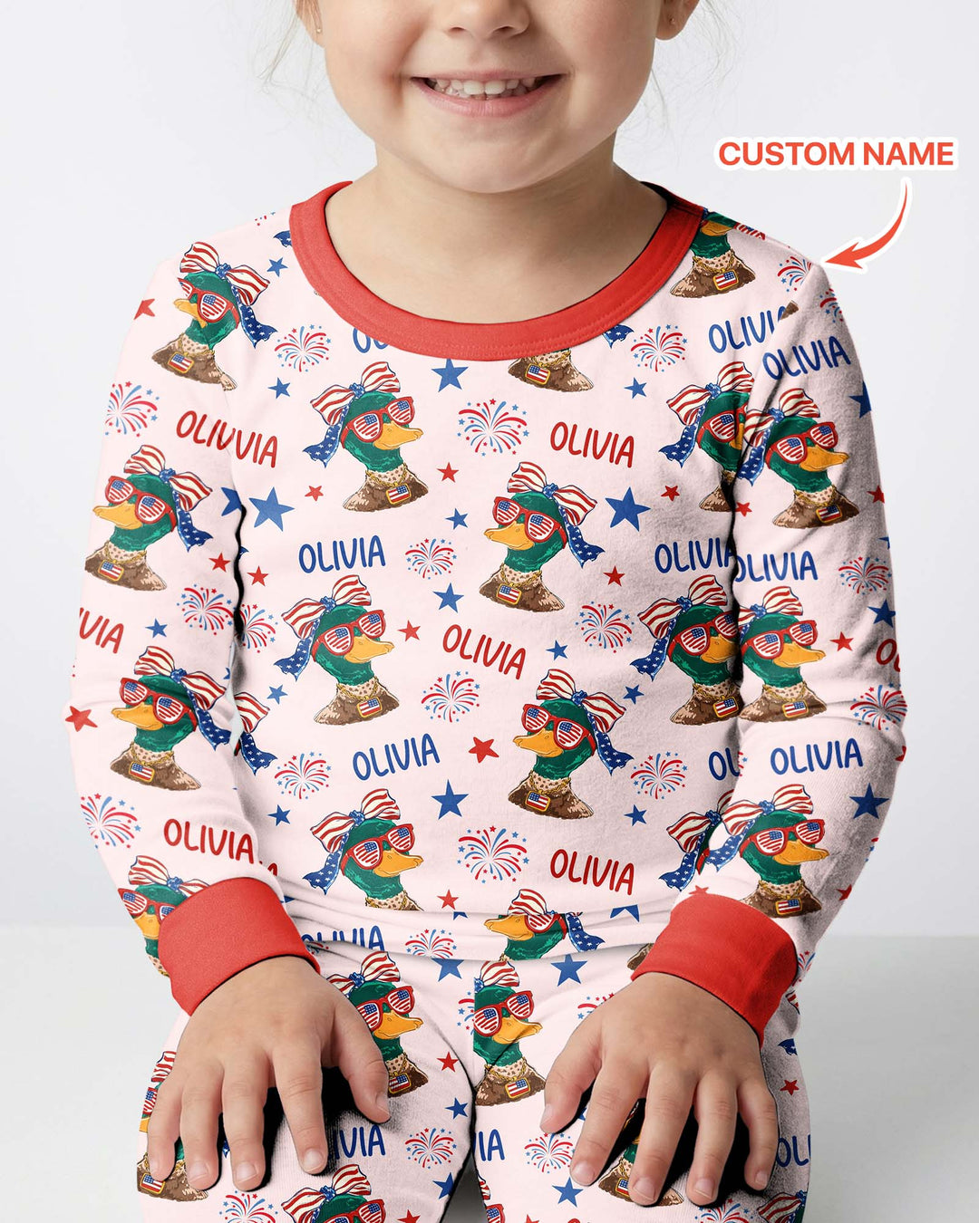Custom Name Patriotic Mallard Duck Bamboo Two Piece Long Sleeve Pajama Set