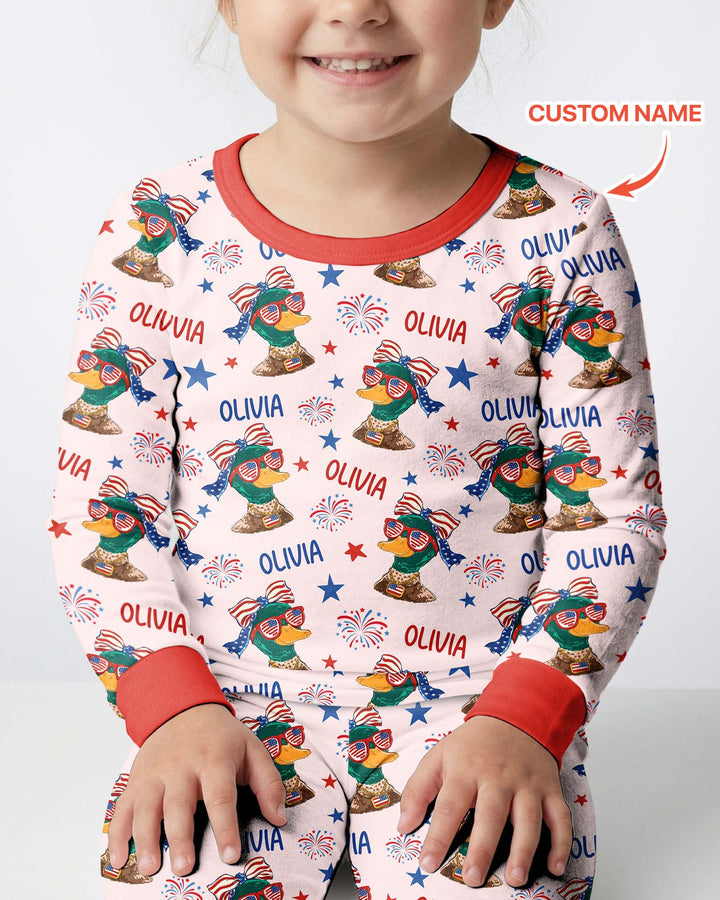 Custom Name Patriotic Mallard Duck Bamboo Two Piece Long Sleeve Pajama Set