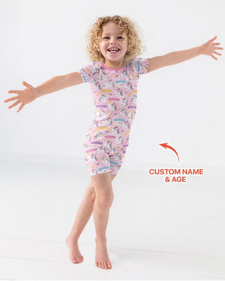 Custom Name Kawaii Unicorn Birthday Bamboo Two Piece Short Sleeve Shorts Pajama Set