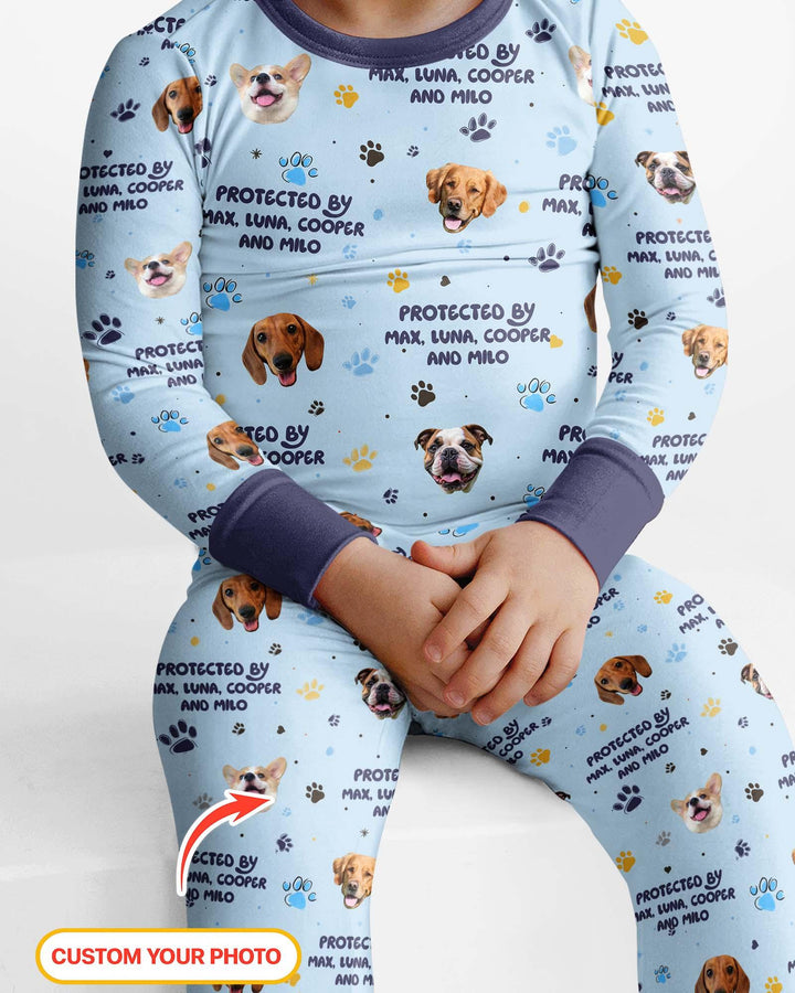 Custom Dog Photos "Protected By" Pawfect Blue Bamboo Two Piece Long Sleeve Pyjamas Set