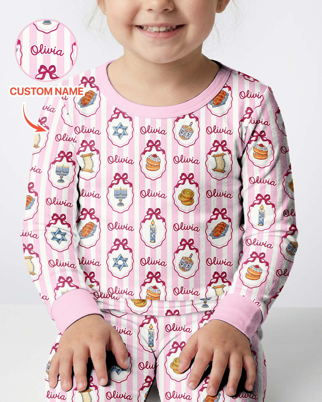 Custom Name Hanukkah Striped Bamboo Two Piece Long Sleeve Pajama Set