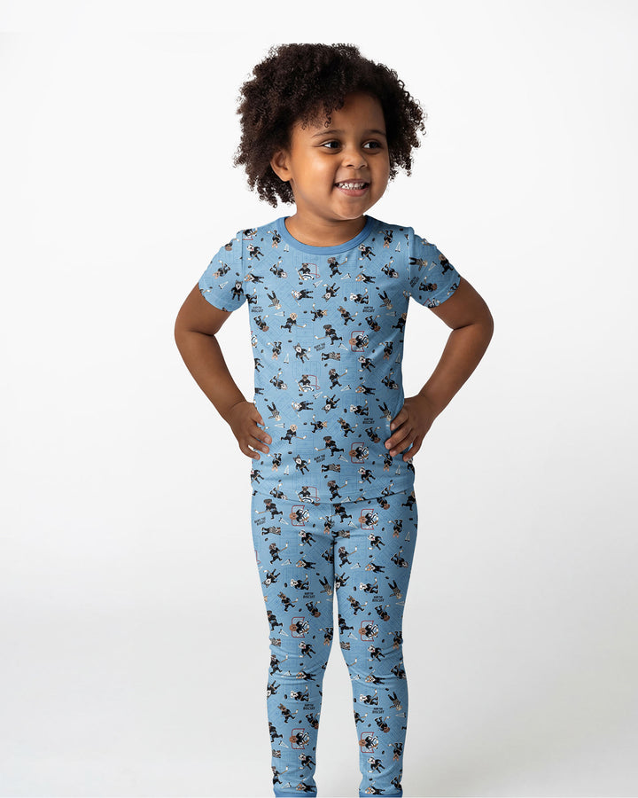 Hockey Dogs - Blue and Black Bamboo Two Piece Short Sleeve Pajama Set