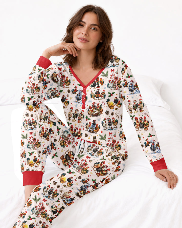 Funny Roosters On Christmas Bamboo Women Pajama Set