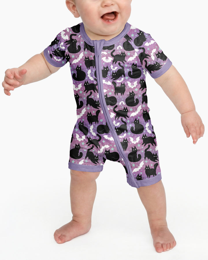 Spooky Black Cat Halloween Purple Bats Bamboo Shorty Zippy