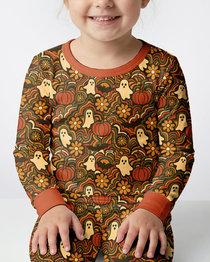 Retro Halloween Ghost Pumpkin Floral Bamboo Two Piece Long Sleeve Pajama Set