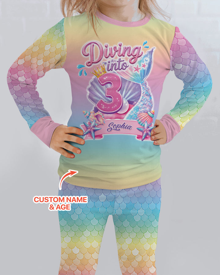 Mermaid Birthday Custom Name & Age Bamboo Two Piece Long Sleeve Pajama Set