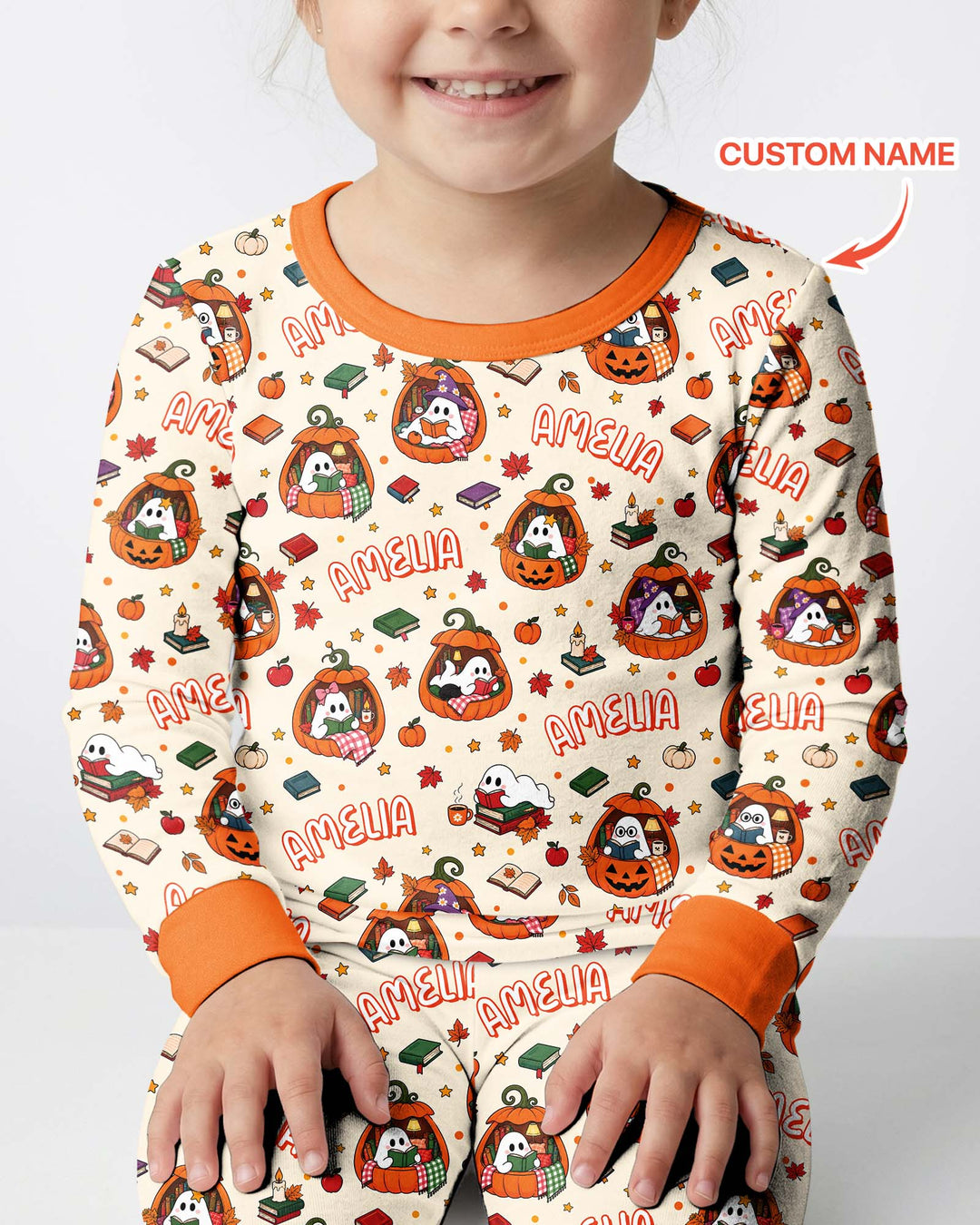 Bookish Ghost Halloween Custom Name Bamboo Two Piece Long Sleeve Pajama Set