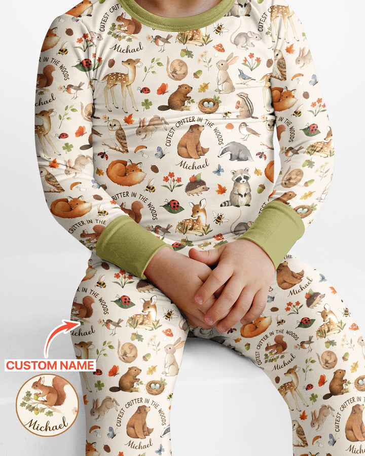 Cutest Critter In The Woods Custom Name Bamboo Two Piece Long Sleeve Pajama Set