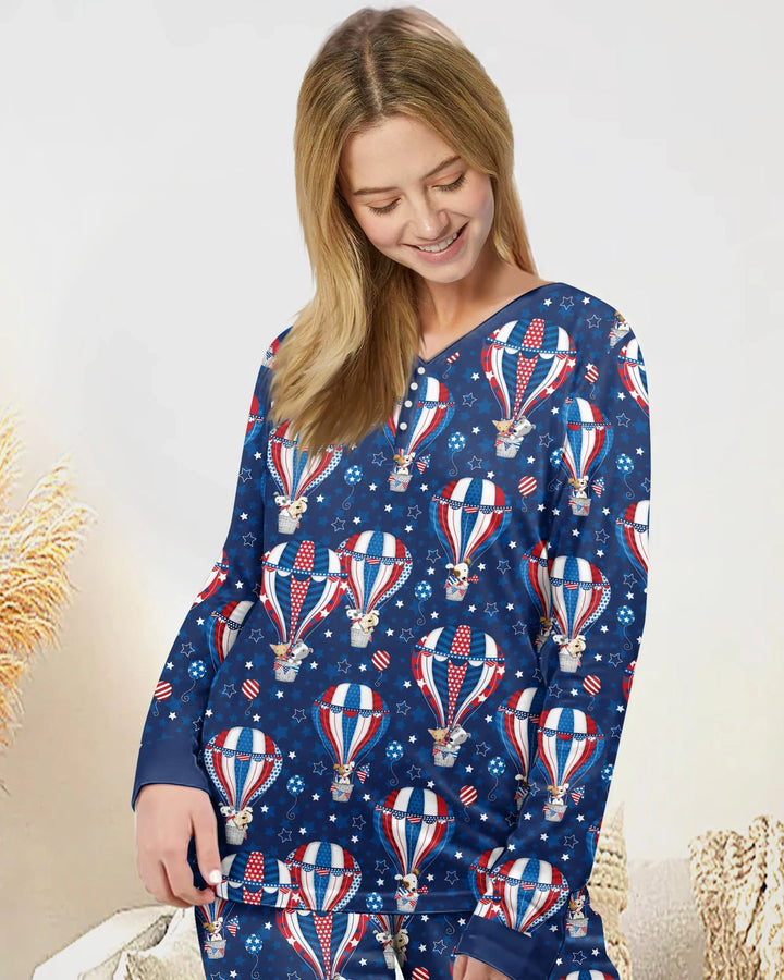 Patriotic Pups in Hot Air Balloons Family Matching Bamboo Women Pajama Set