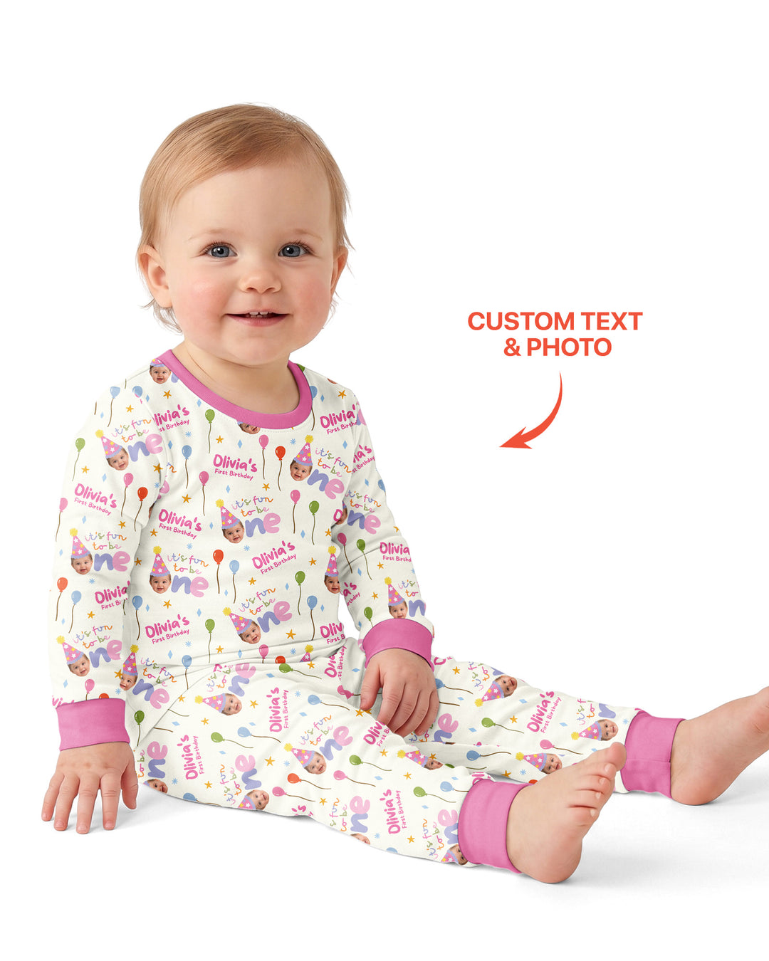 Custom Photo First Birthday Fun Bamboo Two Piece Long Sleeve Pajama Set