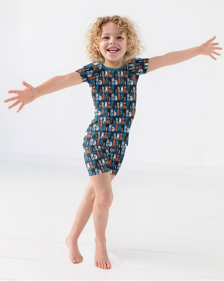 Retro Halloween Cat Bamboo Two Piece Short Sleeve Shorts Pajama Set