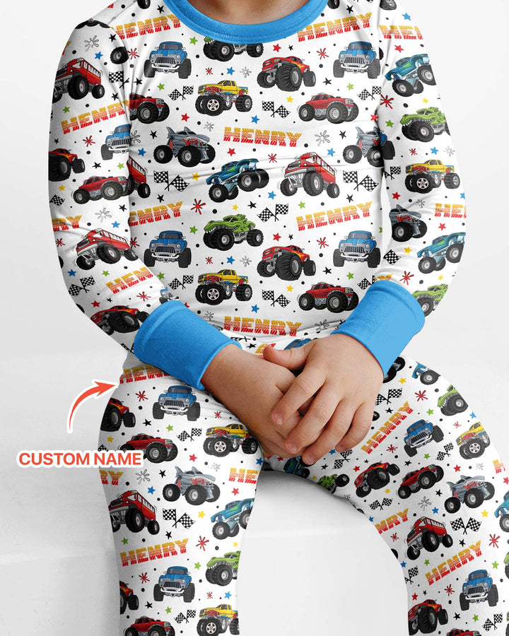 Personalized Monster Trucks Bamboo Two Piece Long Sleeve Pajama Set
