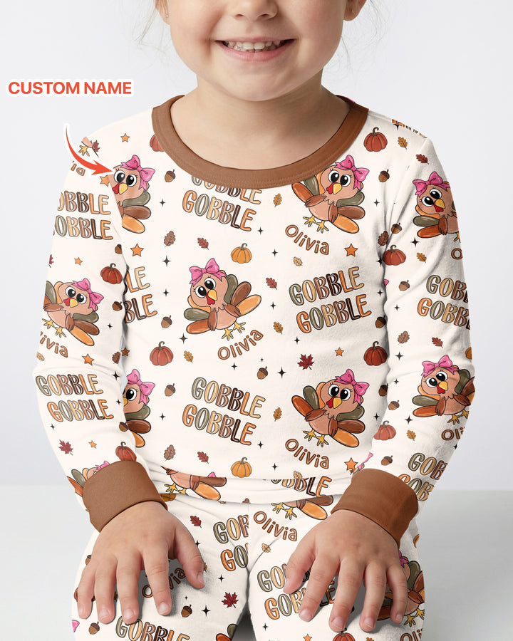 Custom Name Gobble Gobble Bamboo Two Piece Long Sleeve Pajama Set
