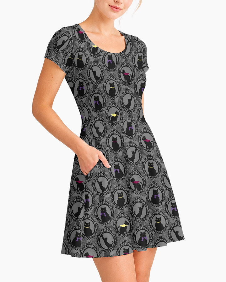 Midnight Cat Parade Bamboo Women’s Short Sleeve Twirl Dress