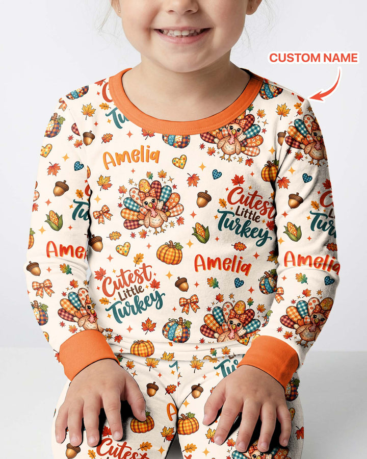 Custom Name Cutest Little Turkey Bamboo Two Piece Long Sleeve Pajama Set