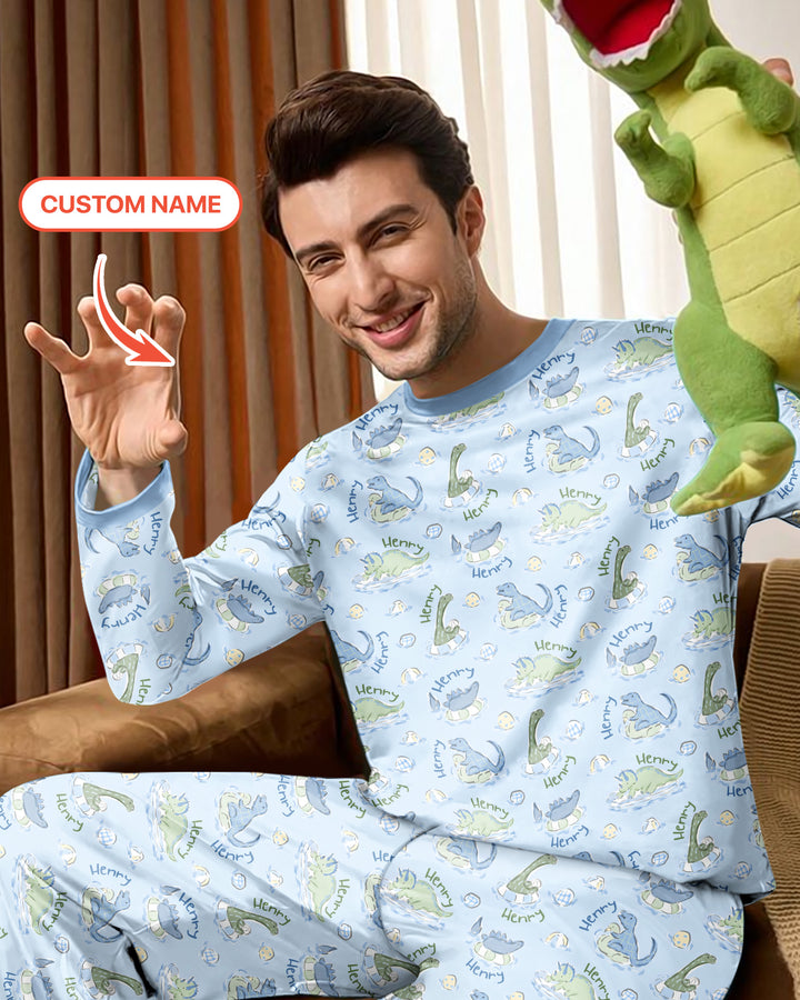 Dinos Swimming Custom Name Bamboo Men's Pajama Set