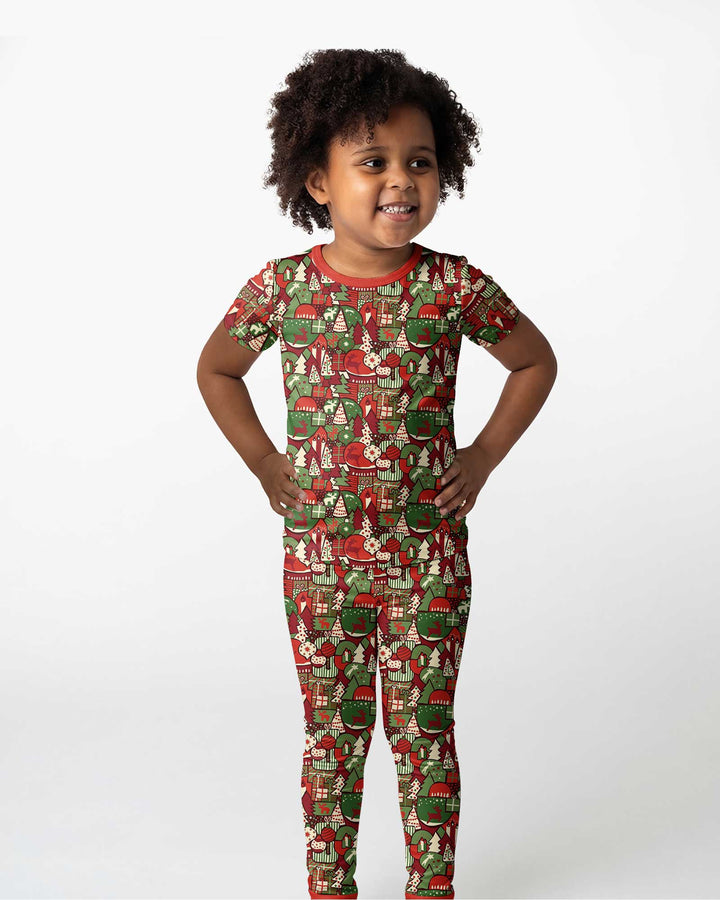 Christmas Time Mosaic Bamboo Two Piece Short Sleeve Pajama Set