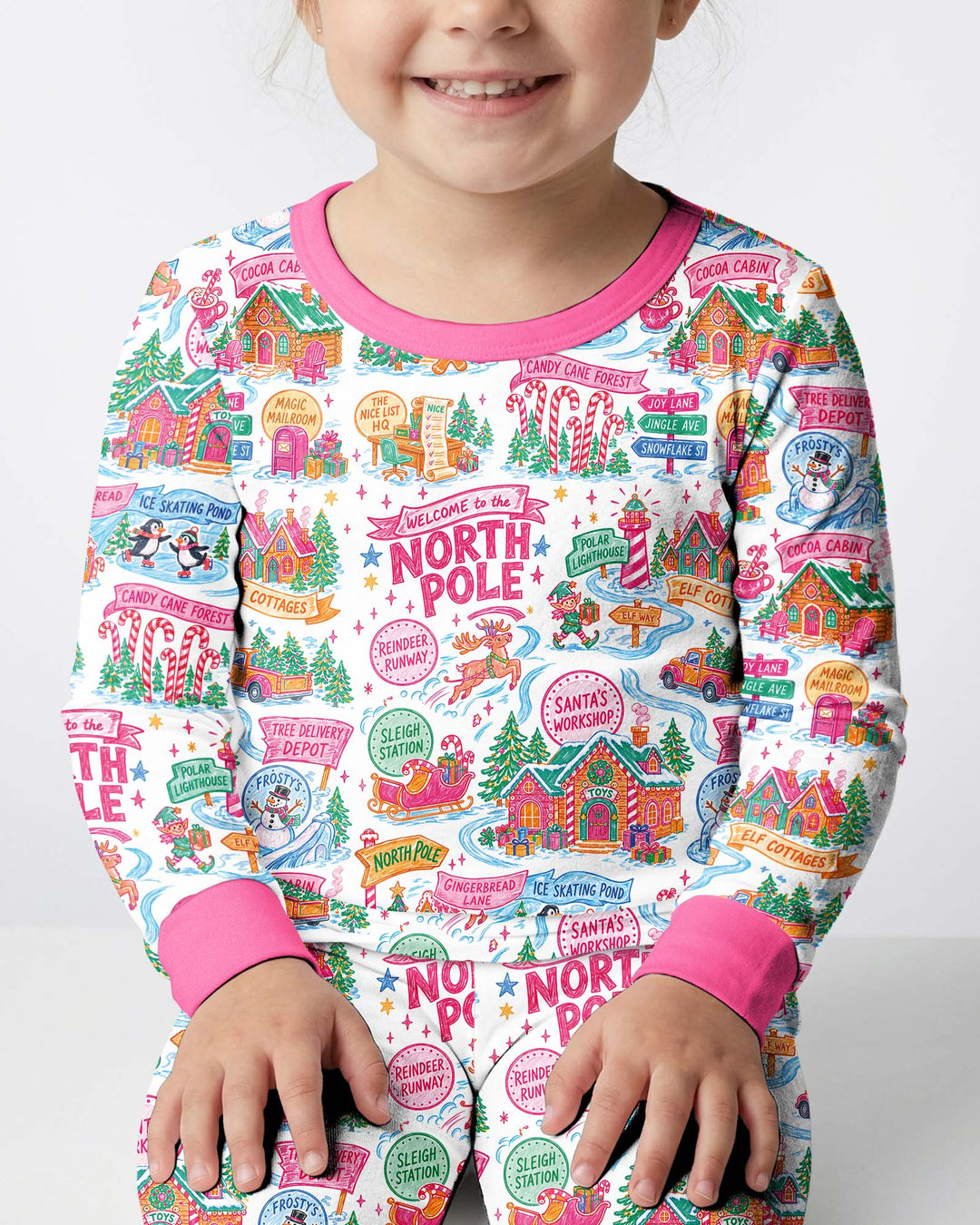 Welcome To North Pole Village Pink Christmas Bamboo Two Piece Long Sleeve Pajama Set