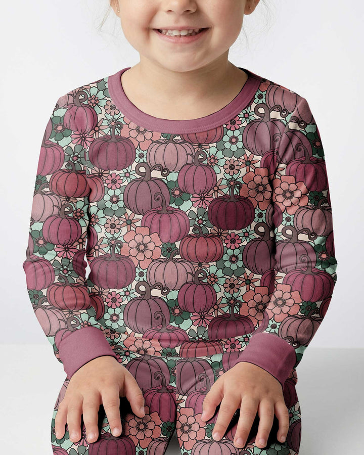Retro Floral Pumpkin Patch Bamboo Two Piece Long Sleeve Pajama Set