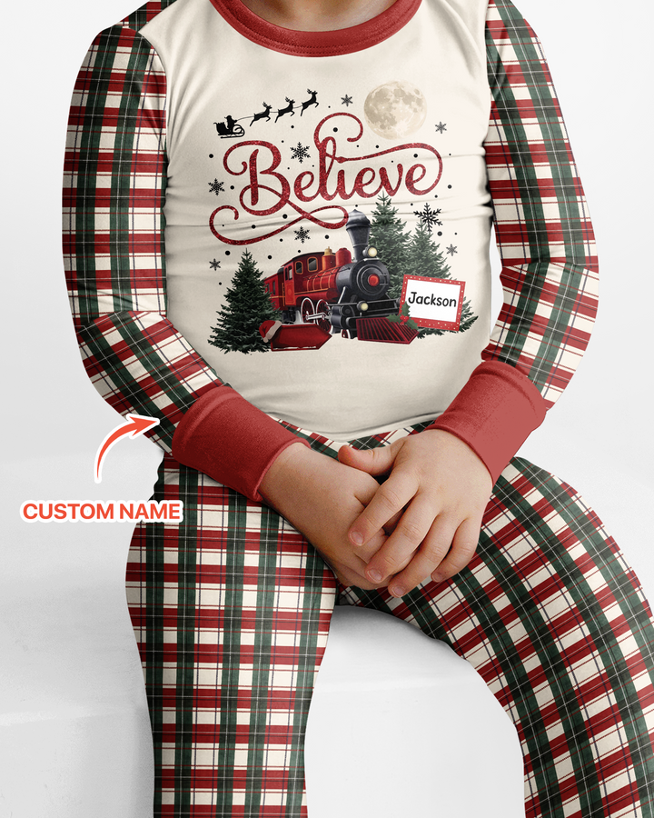 Custom Name Believe Christmas Express Bamboo Two Piece Long Sleeve Pajama Set