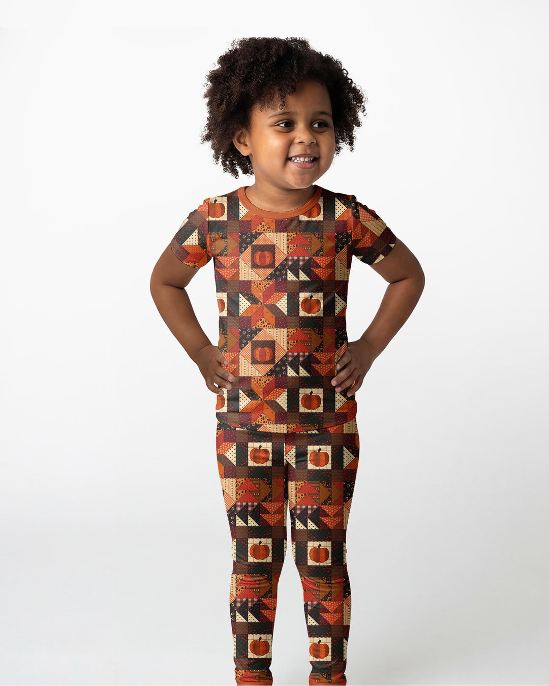 Vintage Pumpkin Patchwork Fall Bamboo Two Piece Short Sleeve Pajama Set