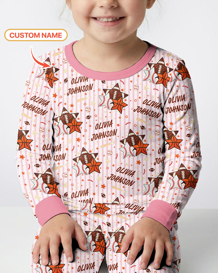 Sport Balls Custom Name Bamboo Two Piece Long Sleeve Pajama Set