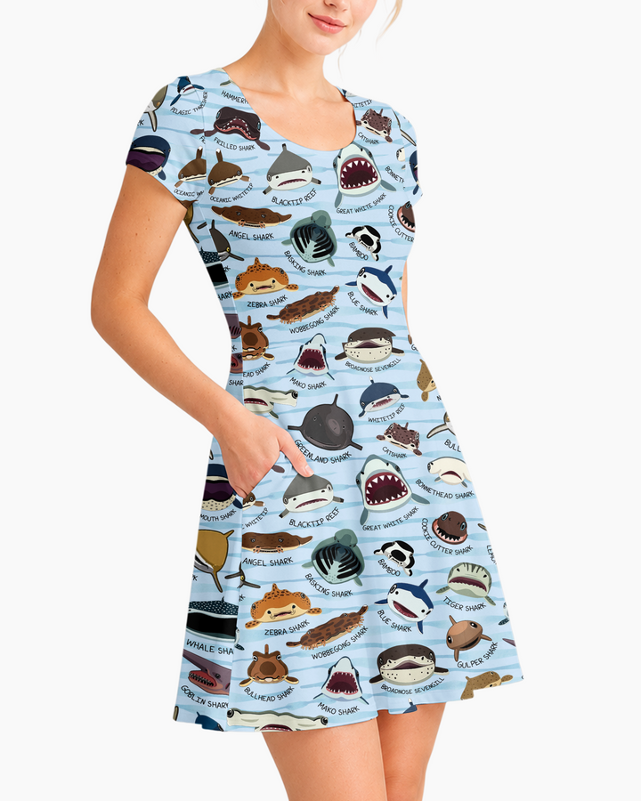 Shark Faces Bamboo Women’s Short Sleeve Twirl Dress