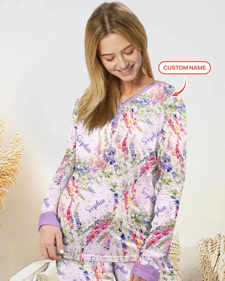 Custom Name Birth Month Flowers Bamboo Women Pajama Set