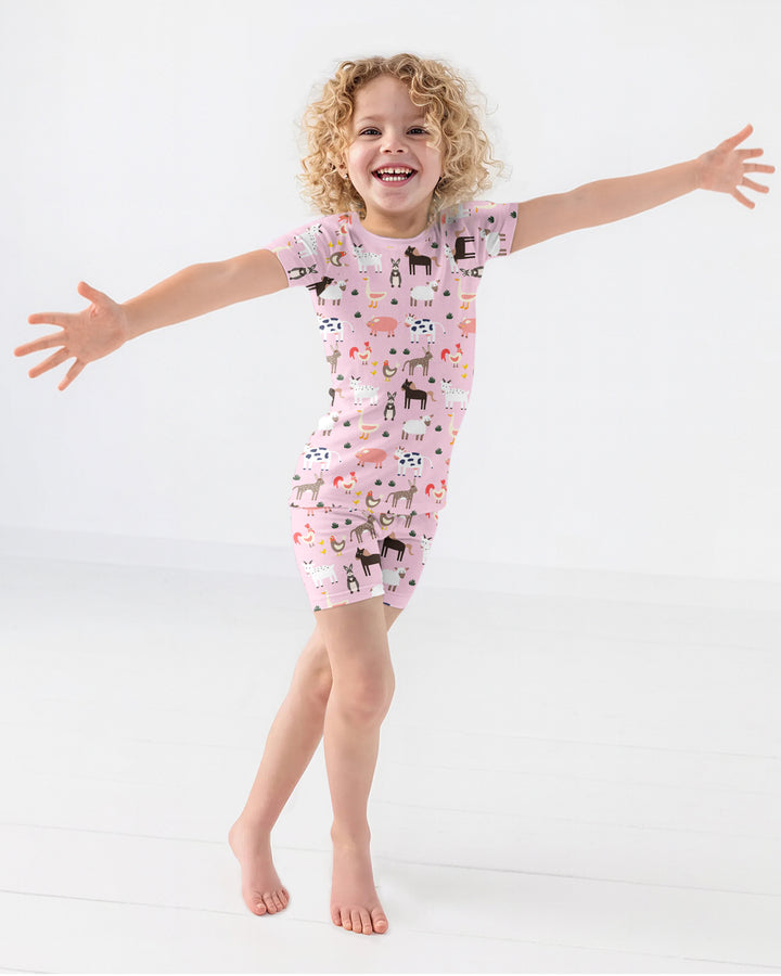 Pink Farm Animals Bamboo Two Piece Short Sleeve Shorts Pyjamas Set