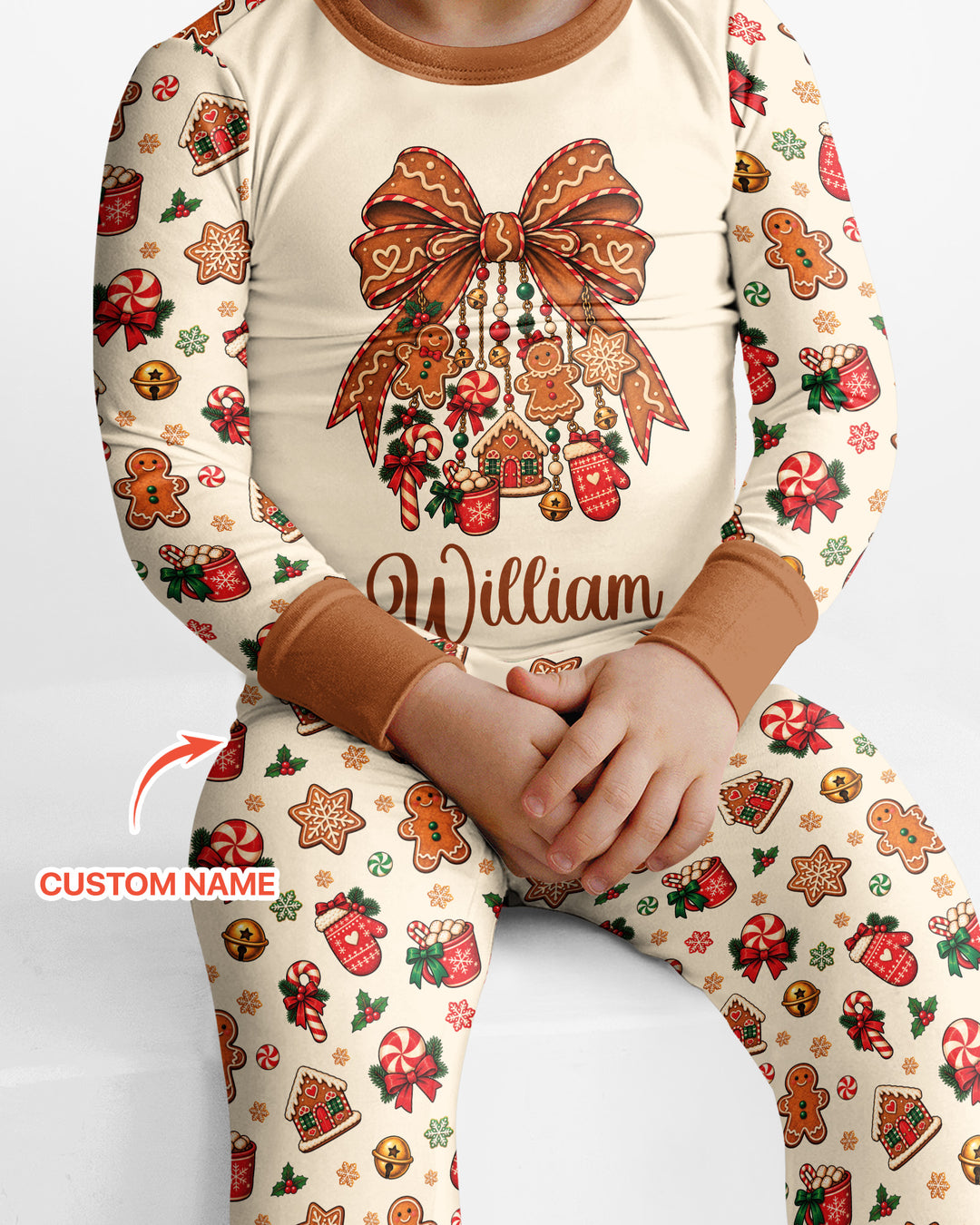 Custom Name Gingerbread The Bow Bamboo Two Piece Long Sleeve Pajama Set