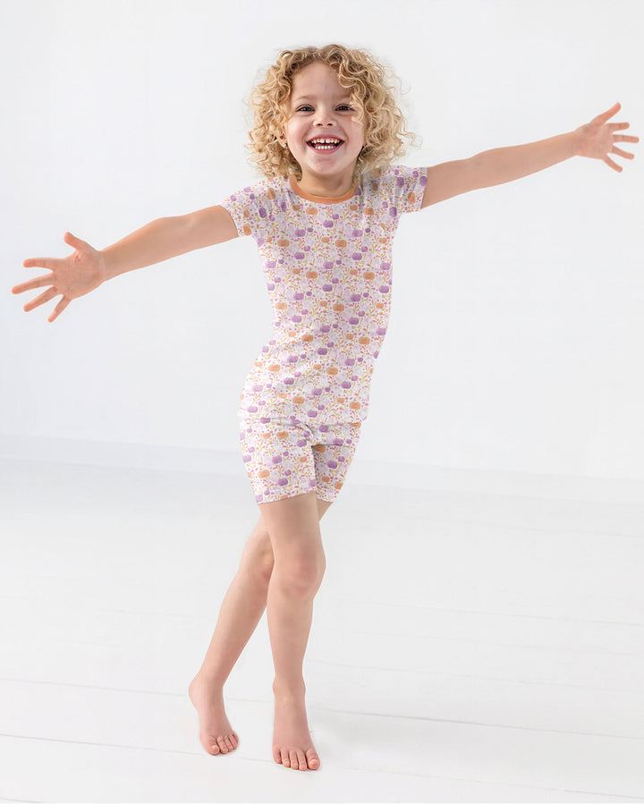 Pastel Pumpkins and Ghosts Bamboo Two Piece Short Sleeve Shorts Pajama Set