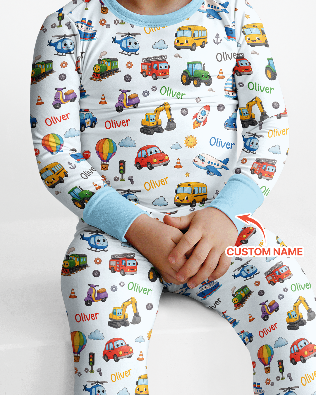 Custom Name Cute Transport Bamboo Two Piece Long Sleeve Pajama Set